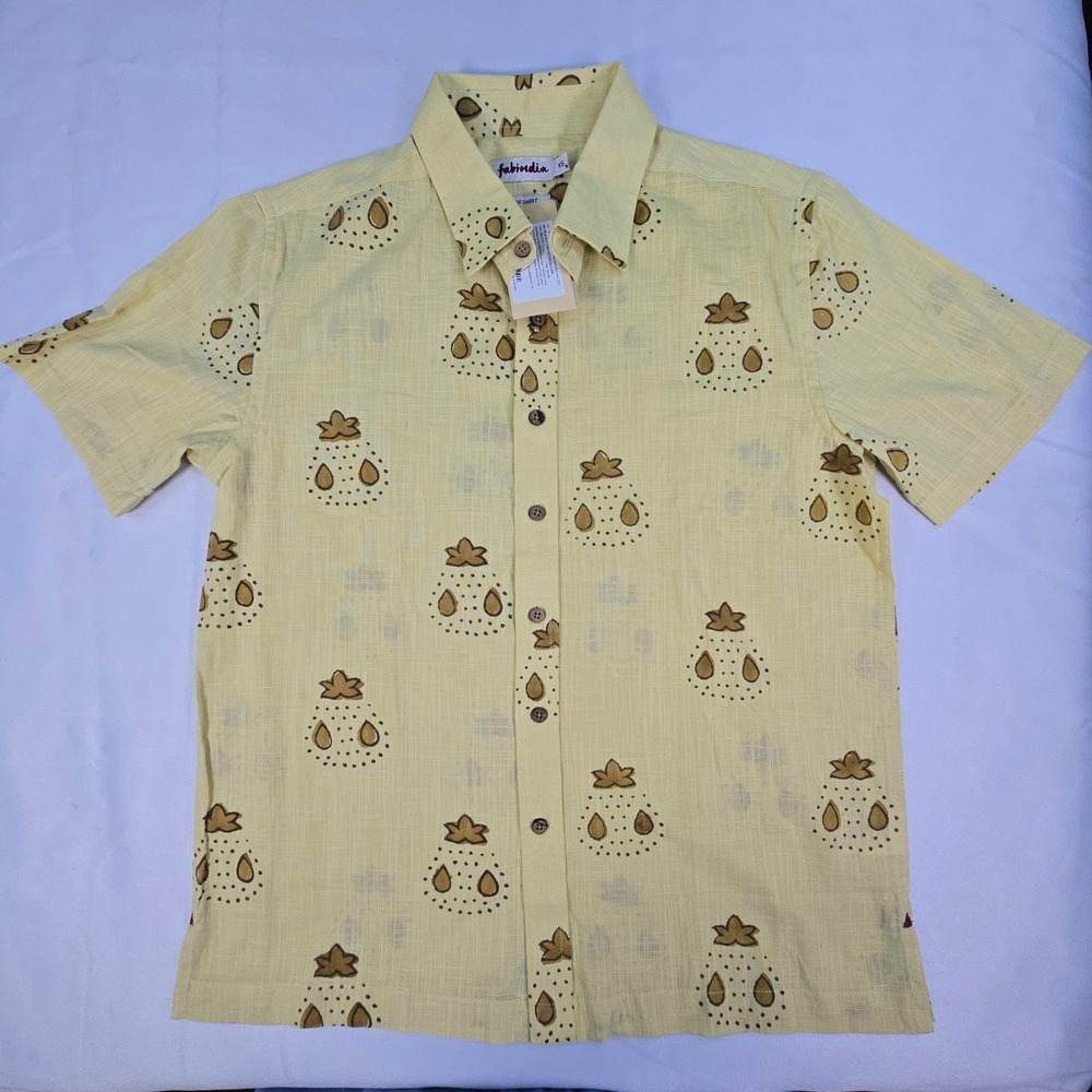 Fabindia Bush Shirt Hand Block Print XS Yellow 100% Cotton Made In India NWT